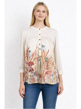 Anthropologie Postmark Cappadocia Henley Cream Floral Relaxed Knit Top Size L